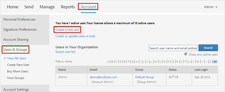 Screenshot del sito aziendale di Adobe Sign con Account, Utenti e Gruppi e Crea un nuovo utente evidenziato