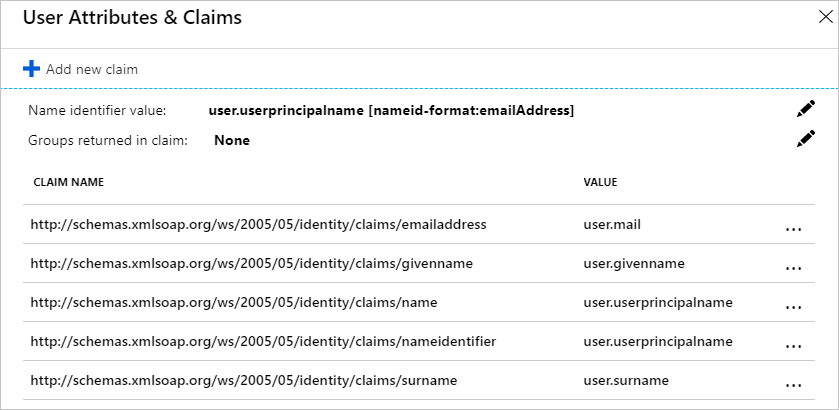 Screenshot che mostra Attributi e dichiarazioni dell'utente con colonne per Nome dichiarazione e valore.