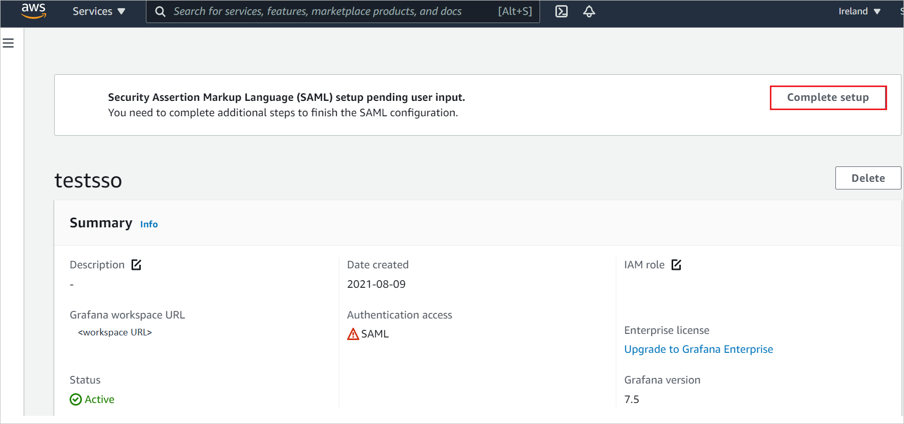 Screenshot che mostra la configurazione SAML.