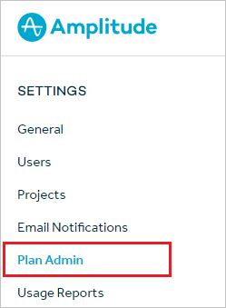 Screenshot che mostra il menu Amplitude con l'opzione Plan Admin selezionata.