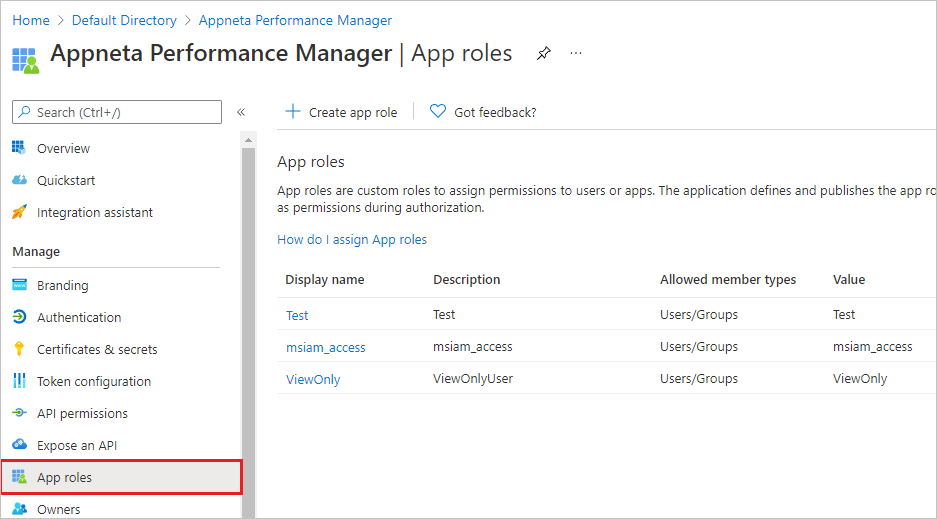 Screenshot che mostra i ruoli dell'app con Appneta Performance Manager nella parte inferiore.