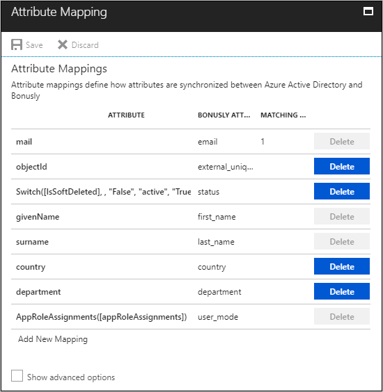 Screenshot della pagina di mappatura degli attributi. Una tabella elenca gli attributi di Microsoft Entra, gli attributi corrispondenti di Bonusly e lo stato di corrispondenza.