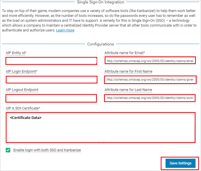 Screenshot che mostra la pagina Single Sign-On Integration dove si immettono i valori in questo passaggio.