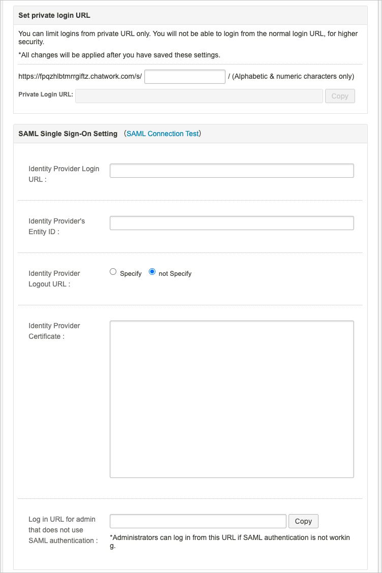 Screenshot della configurazione delle impostazioni di accesso SAML.