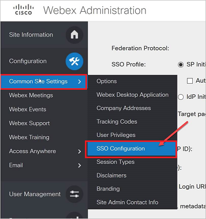 Screenshot che mostra Cisco Webex Administration con le Impostazioni sito comuni e Configurazione SSO selezionata.