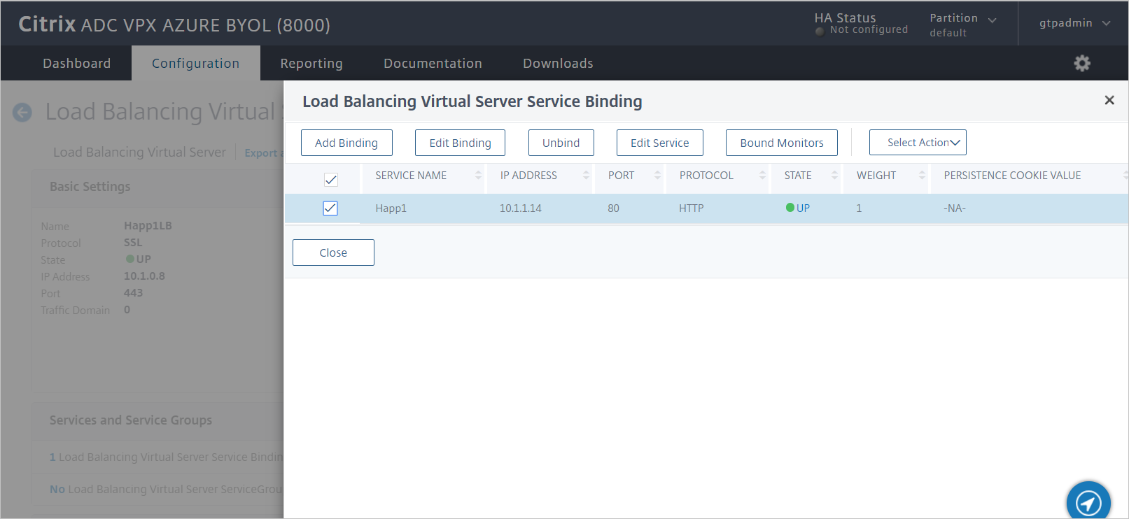 Screenshot di Citrix ADC SAML Connector per la configurazione di Microsoft Entra - Verificare l'associazione dei servizi del server virtuale.