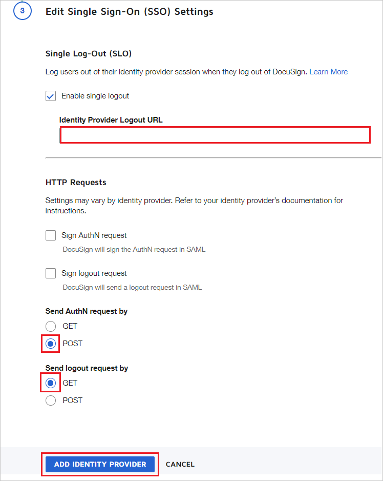 Screenshot delle impostazioni dell'identity provider.