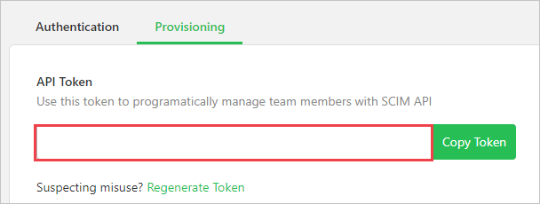 Screenshot di una scheda Provisioning nel sito Web Flock. In un token API viene evidenziato un valore. Accanto al token c'è il pulsante 'Copia token'.