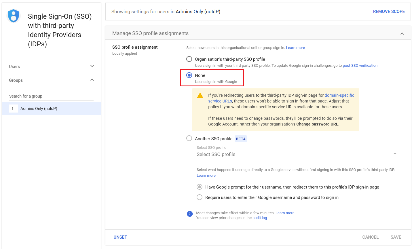 Screenshot per assegnare il profilo SSO.