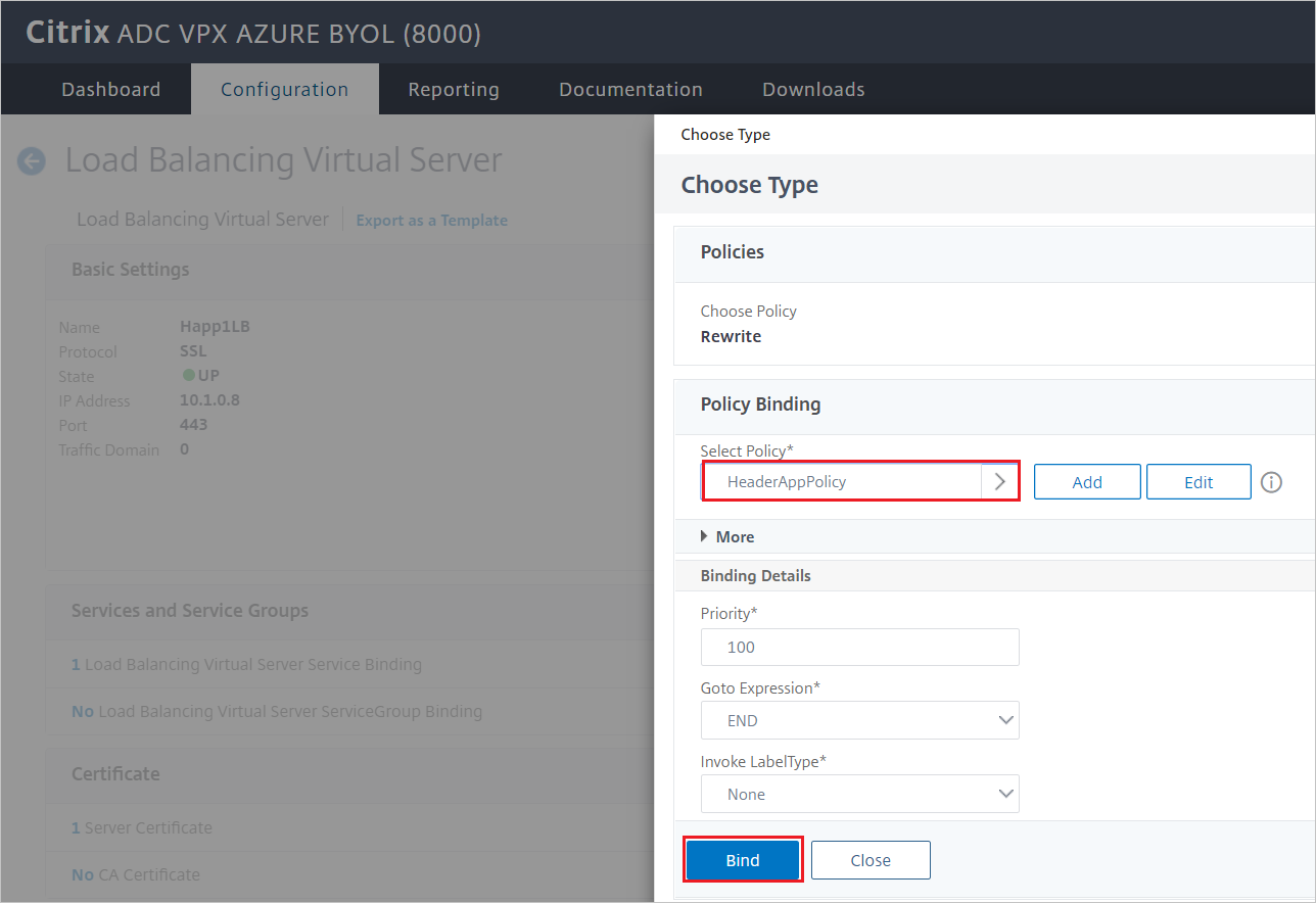 Configurazione di Citrix ADC - Riquadro associazione delle politiche di traffico del server virtuale di bilanciamento del carico