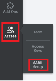 Screenshot che mostra il menu Access con SAML Setup selezionato.