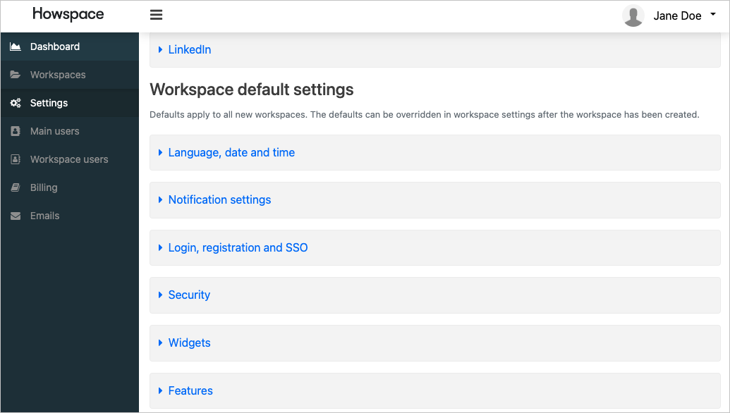 Screenshot delle impostazioni predefinite dell'area di lavoro nella lista delle impostazioni.