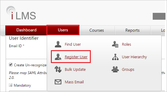 Screenshot mostra la scheda Impostazioni di I L M S in cui è possibile selezionare Registra utente.