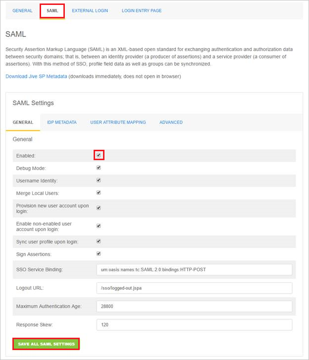 Screenshot mostra la scheda SAML con l'opzione Abilitato selezionata.