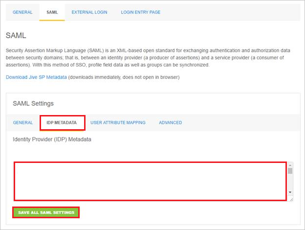 Screenshot mostra la scheda SAML I D P METADATA selezionata.