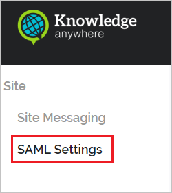 Screenshot mostra la pagina Knowledge anywhere con l'opzione SAML Settings selezionata.