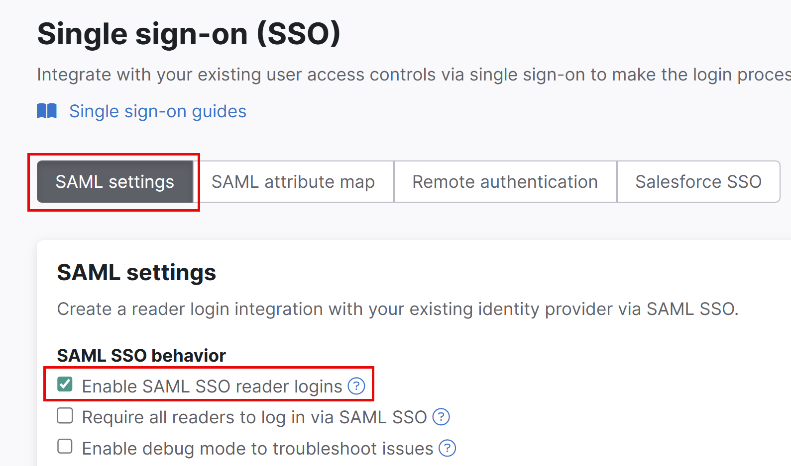 Screenshot che mostra le impostazioni SAML dove puoi abilitare i login lettori SSO SAML indicati qui.