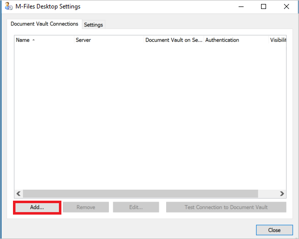 Screenshot mostra le impostazioni desktop di M-Files in cui è possibile selezionare Aggiungi.