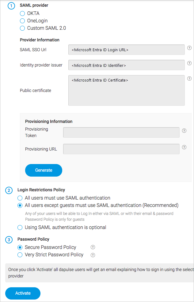 Screenshot che mostra il fornitore SAML in cui è possibile inserire informazioni dal provider IdP.
