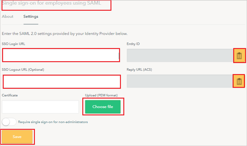 Screenshot che mostra il Single Sign-On SAML