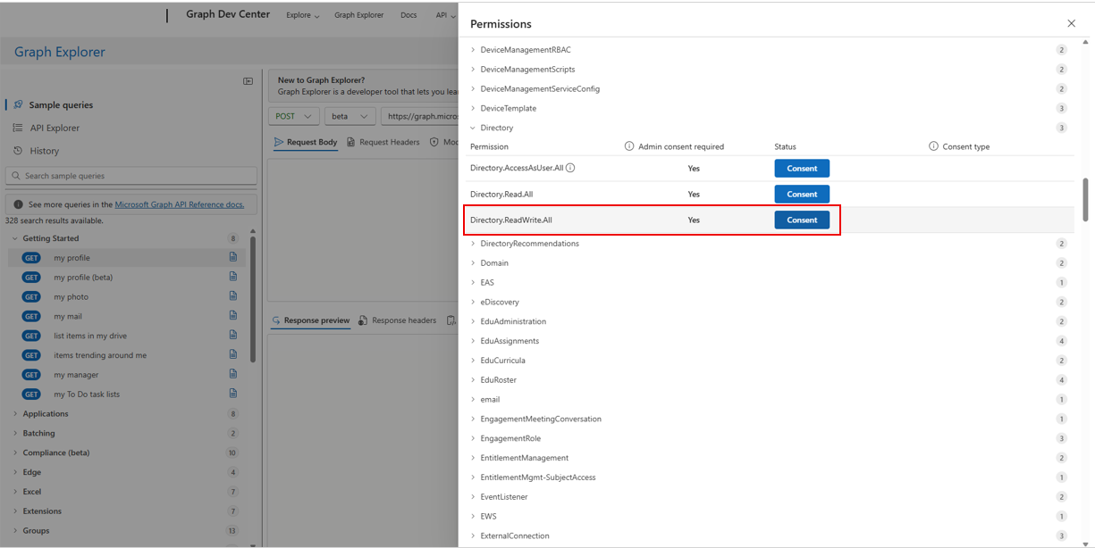 Screenshot della schermata Autorizzazioni in Graph Explorer, in cui l'amministratore seleziona l'opzione per fornire il consenso per l'autorizzazione Directory.ReadWrite.All.
