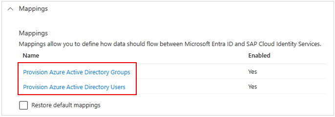 Schermata dei mapping di utenti e gruppi per SAP Cloud Identity Services.