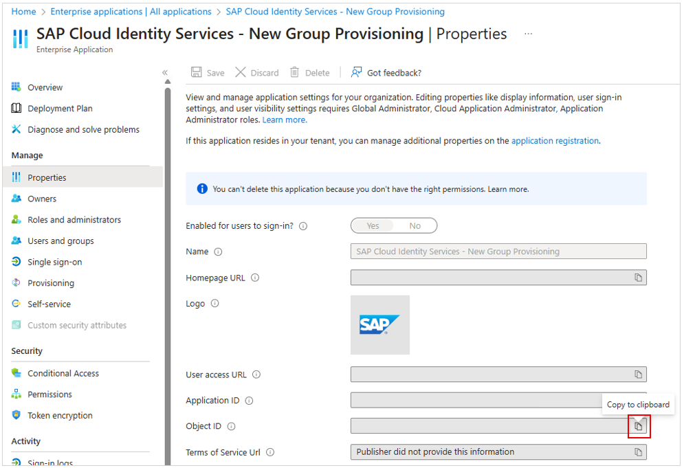 Screenshot della posizione in cui copiare l'ID oggetto nel pannello Proprietà del connettore SAP Cloud Identity Services.