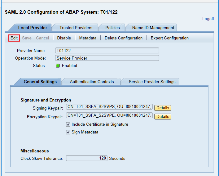 Pagina Configurazione SAML 2.0 del sistema ABAP T01/122 in SAP