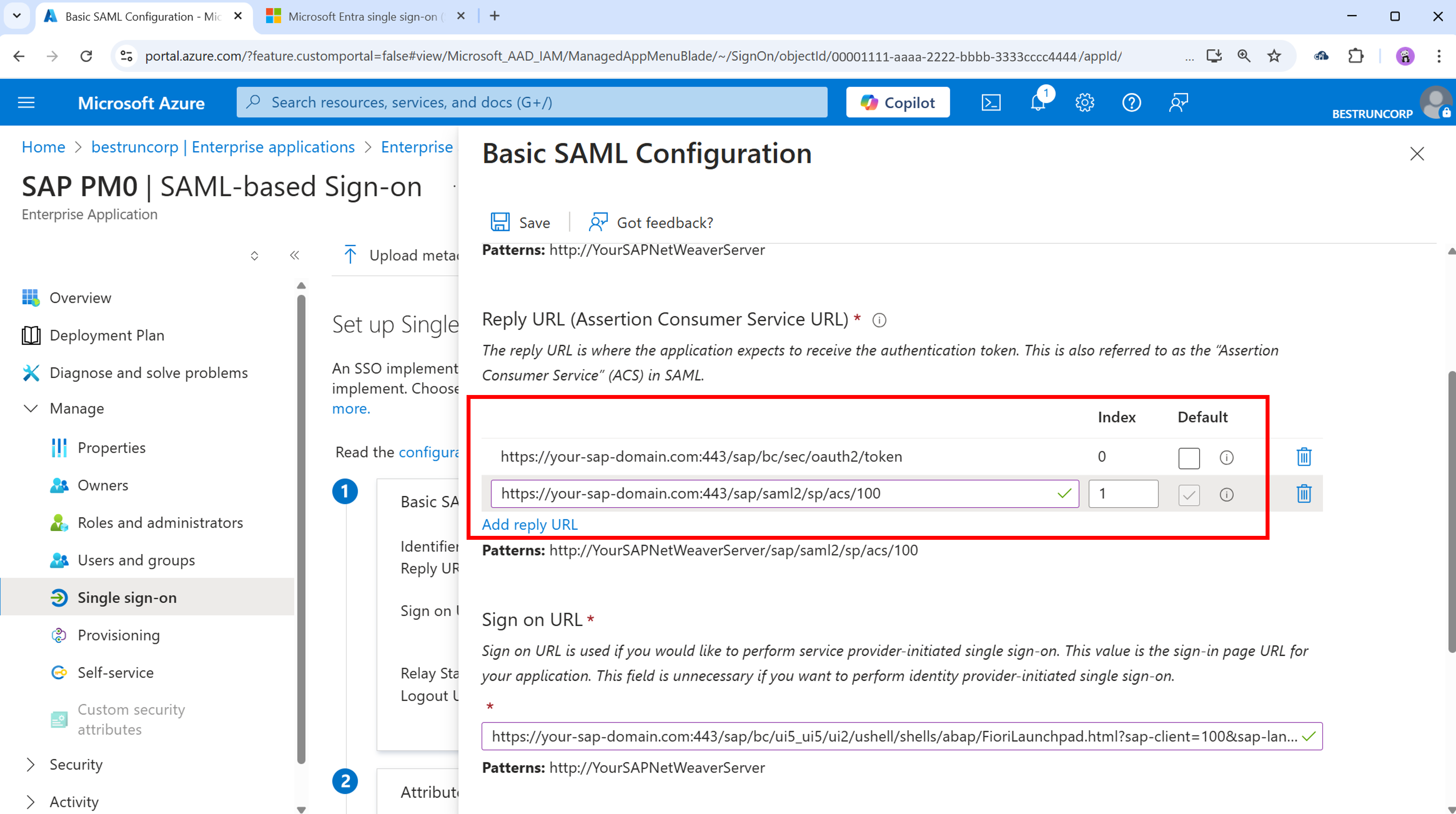 Screenshot del portale di Azure che evidenzia la configurazione per l'uso parallelo di SAML2 e OAuth2.