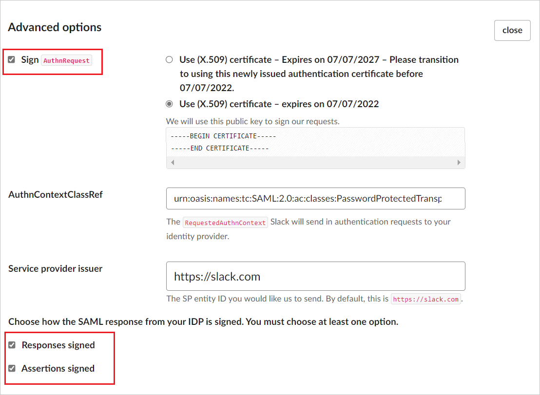 Screenshot di Configura opzioni avanzate di single sign-on dal lato dell'app.