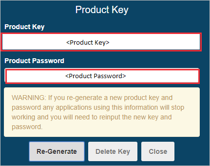 Screenshot della sezione Product Key con le caselle di testo Product Key e Product Password chiamate.