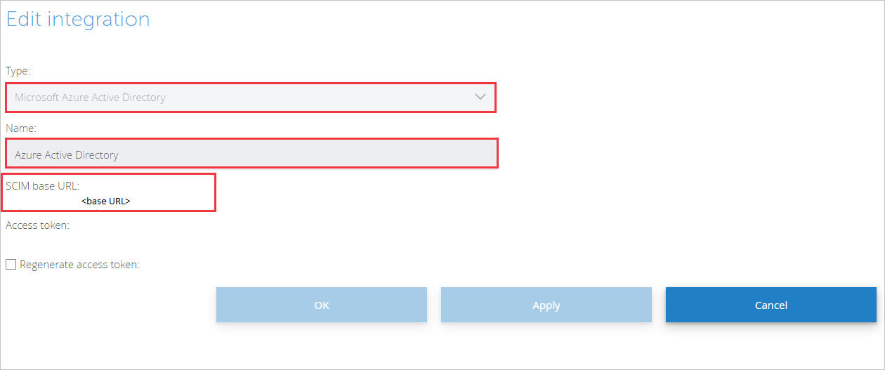 Screenshot della finestra di dialogo Modifica integrazione con le caselle di testo 