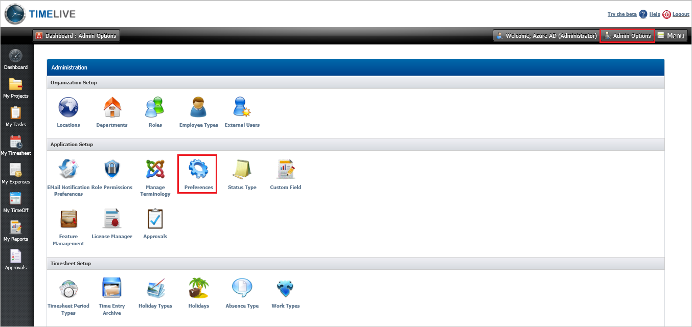 Screenshot che mostra le Opzioni dell'amministratore con Preferenze selezionate.