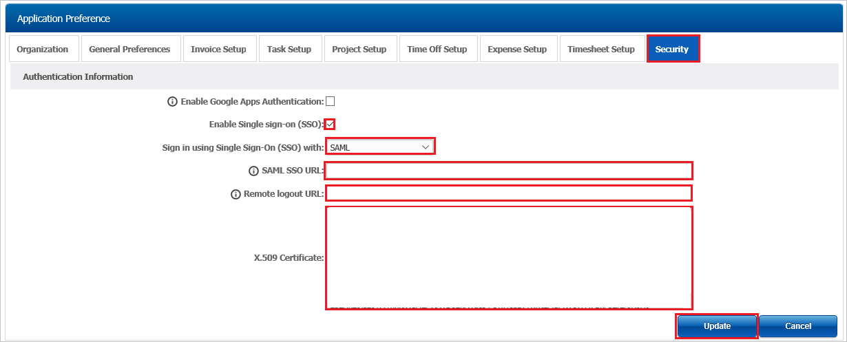Screenshot che mostra la sezione Preferenza applicazione in cui è possibile immettere i valori descritti.
