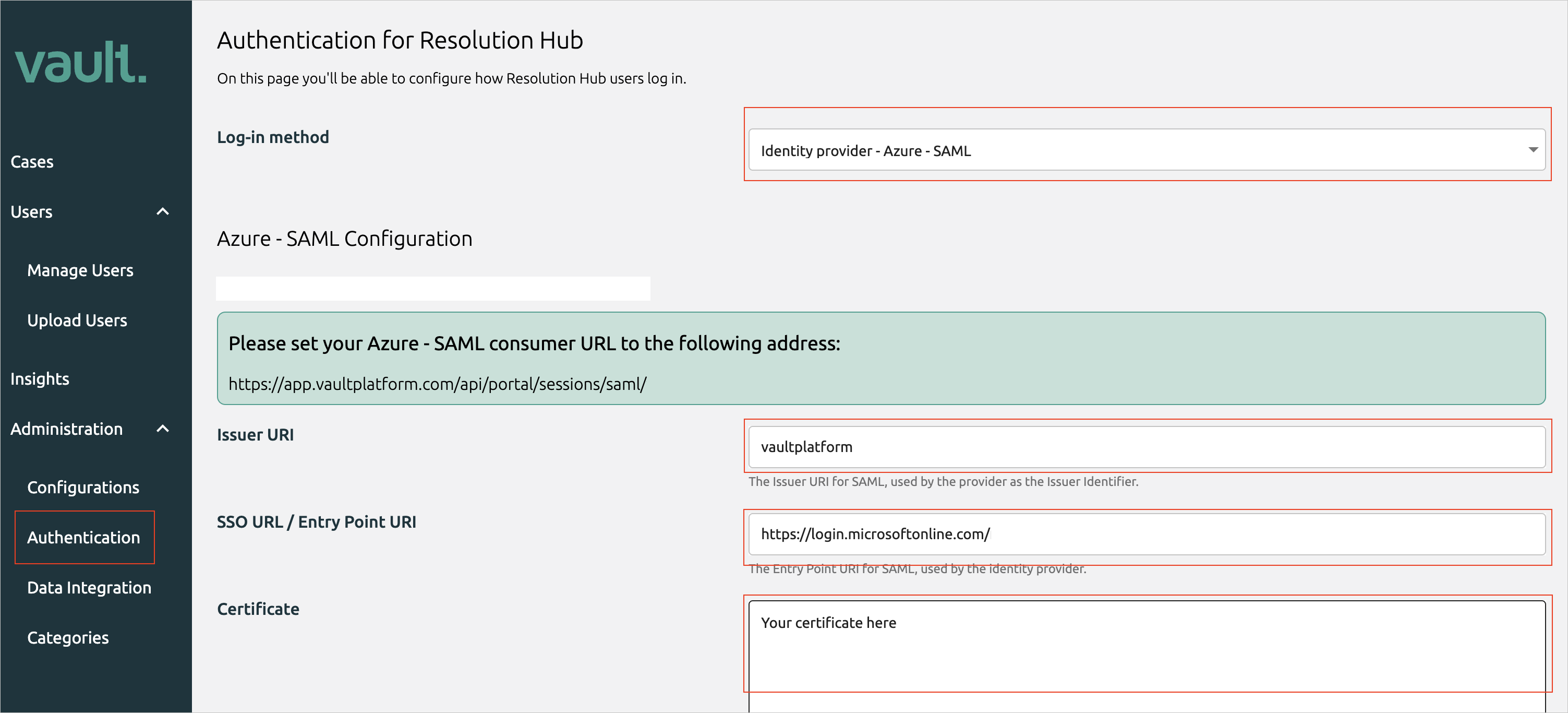 Screenshot della pagina di autenticazione VaultPlatform.