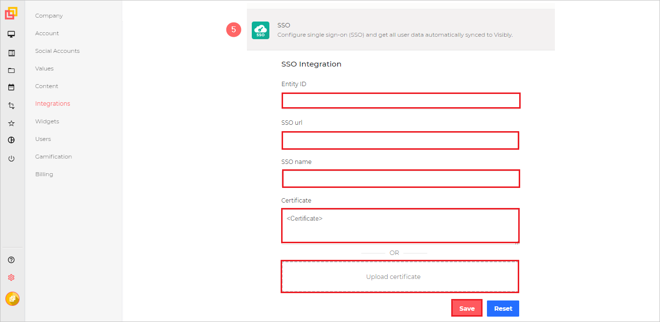 Screenshot mostra la pagina S S O Integration in cui è possibile immettere i valori descritti.