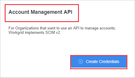 Schermata della sezione Account Management API con l'opzione Crea credenziali evidenziata.