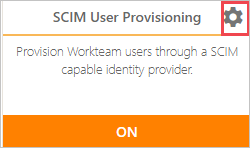 Screenshot della parte inferiore della sezione SETTINGS con l'icona a forma di ingranaggio S C I M User Provisioning evidenziata.