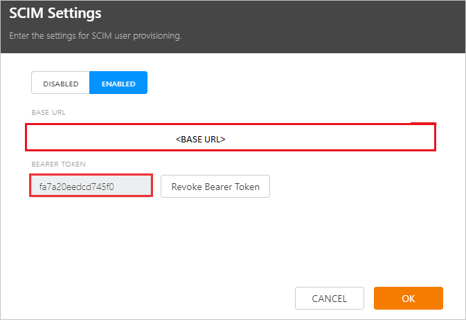 Screenshot della finestra di dialogo S C I M Settings con le caselle di testo BASE U R L e BEARER TOKEN evidenziate.