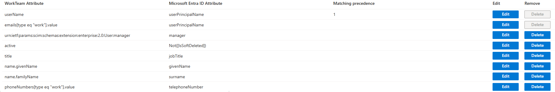 Screenshot degli attributi utente di Workteam.