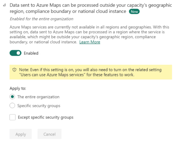 Screenshot delle impostazioni di elaborazione dei dati globali di Mappe di Azure.