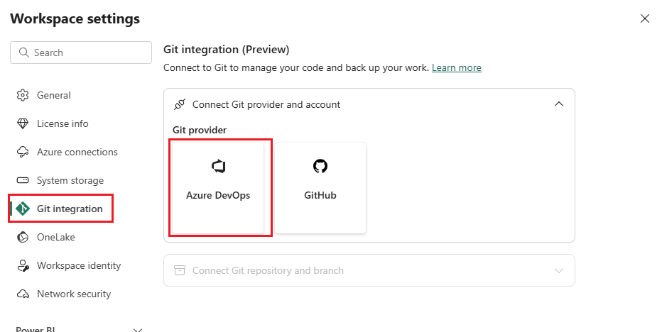 Screenshot dell'area di lavoro con il link alle impostazioni visualizzato.