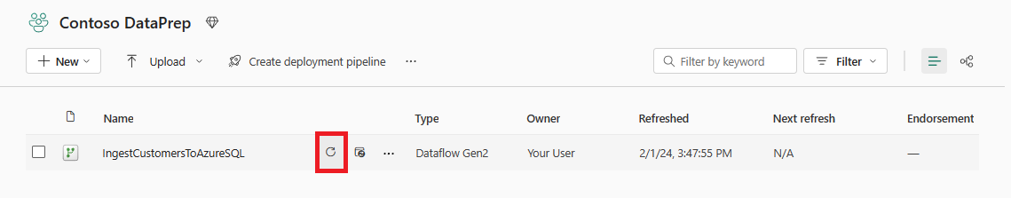 Screenshot che mostra dove selezionare Ricarica nell'elenco delle aree di lavoro.