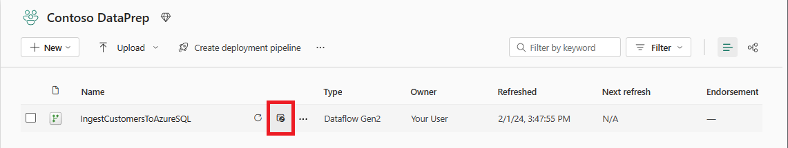 Screenshot che mostra dove selezionare l'aggiornamento programmato nella vista elenco dell'area di lavoro.