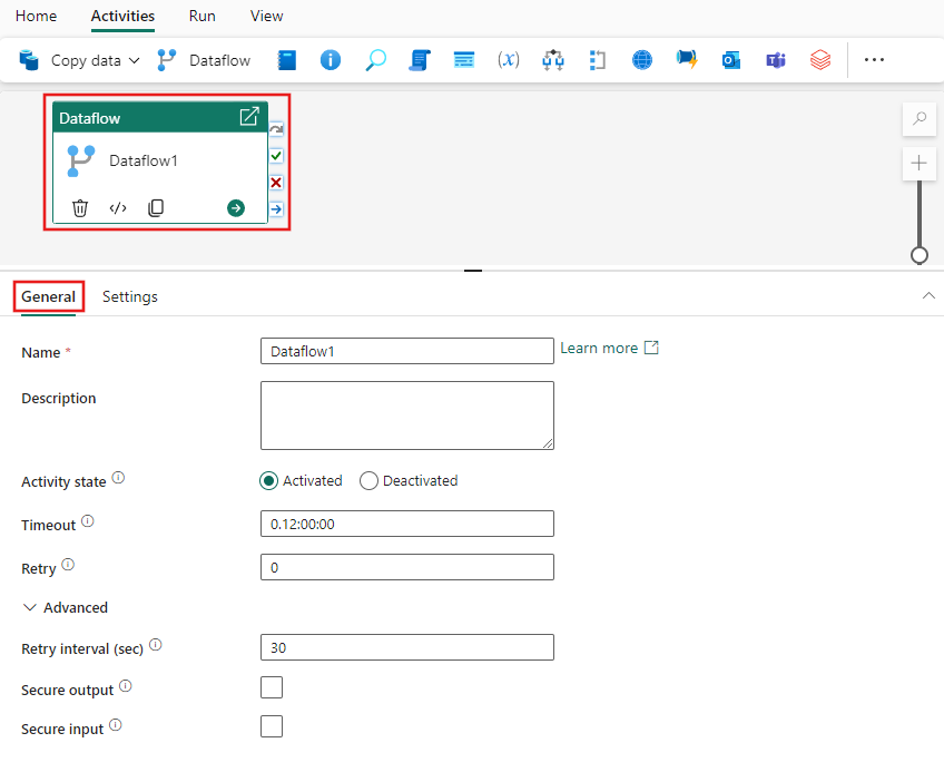 Screenshot che mostra la scheda Impostazioni generali dell'attività Flusso di dati.