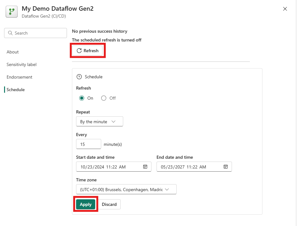 Screenshot della schermata delle impostazioni del flusso di dati con la scheda Pianificazione selezionata e il pulsante Aggiorna evidenziato.
