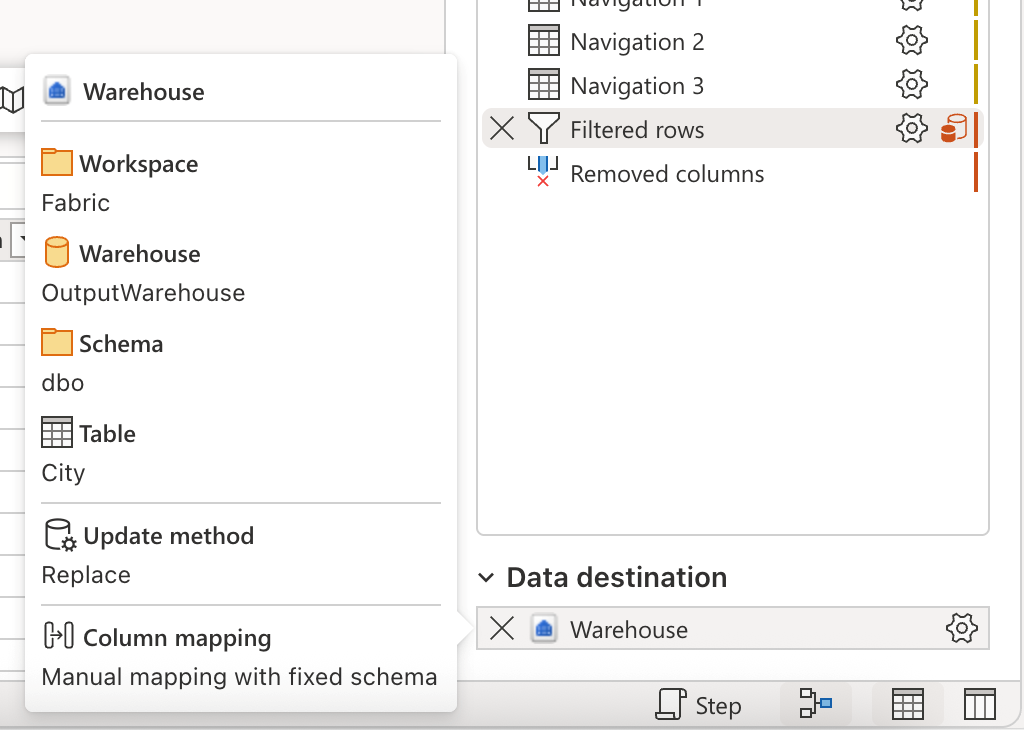 Screenshot del riquadro a comparsa che contiene le impostazioni di destinazione dei dati per la query dimension_city.