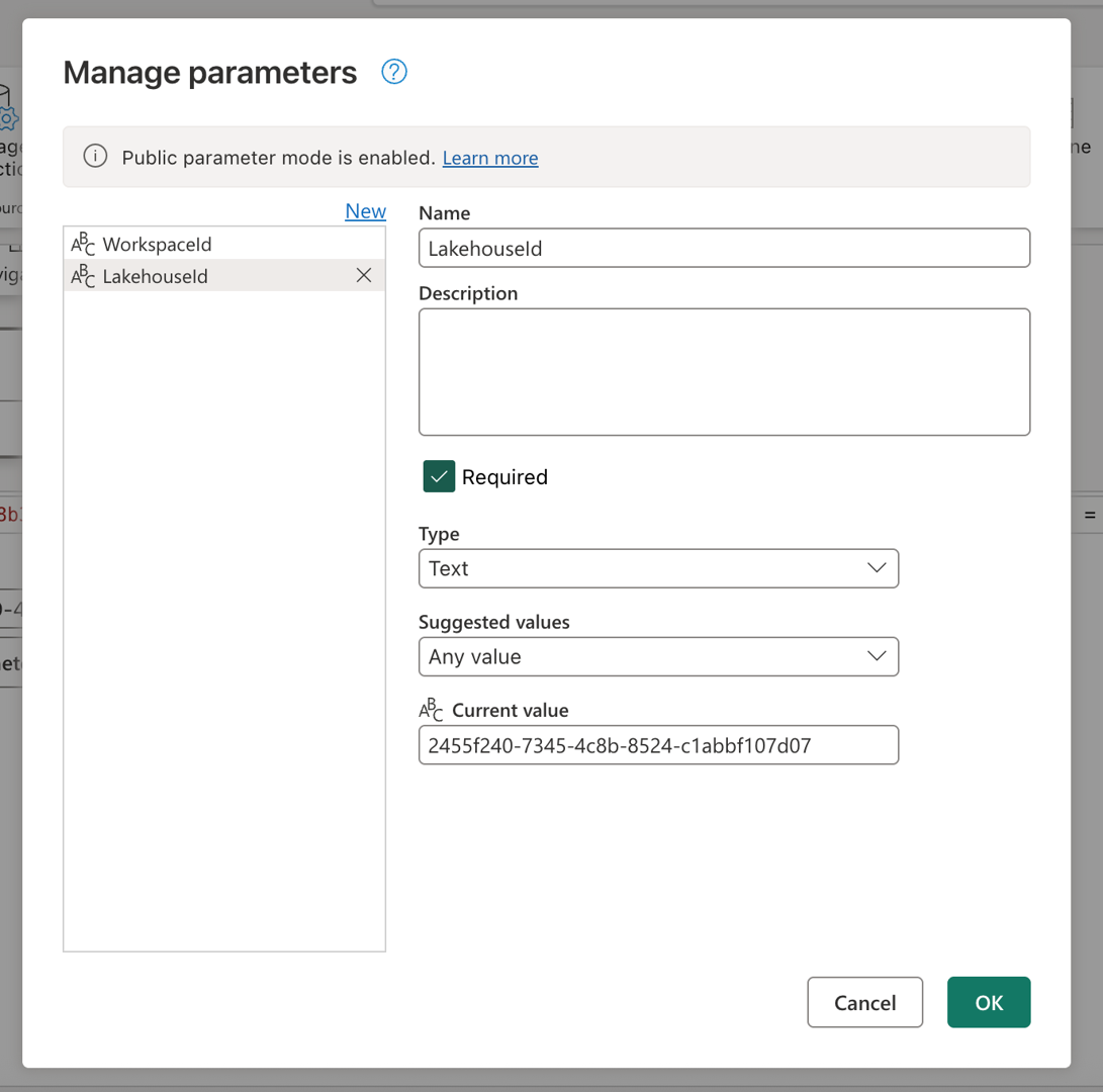 Screenshot del parametro LakehouseId creato nella finestra di dialogo Gestisci parametri.