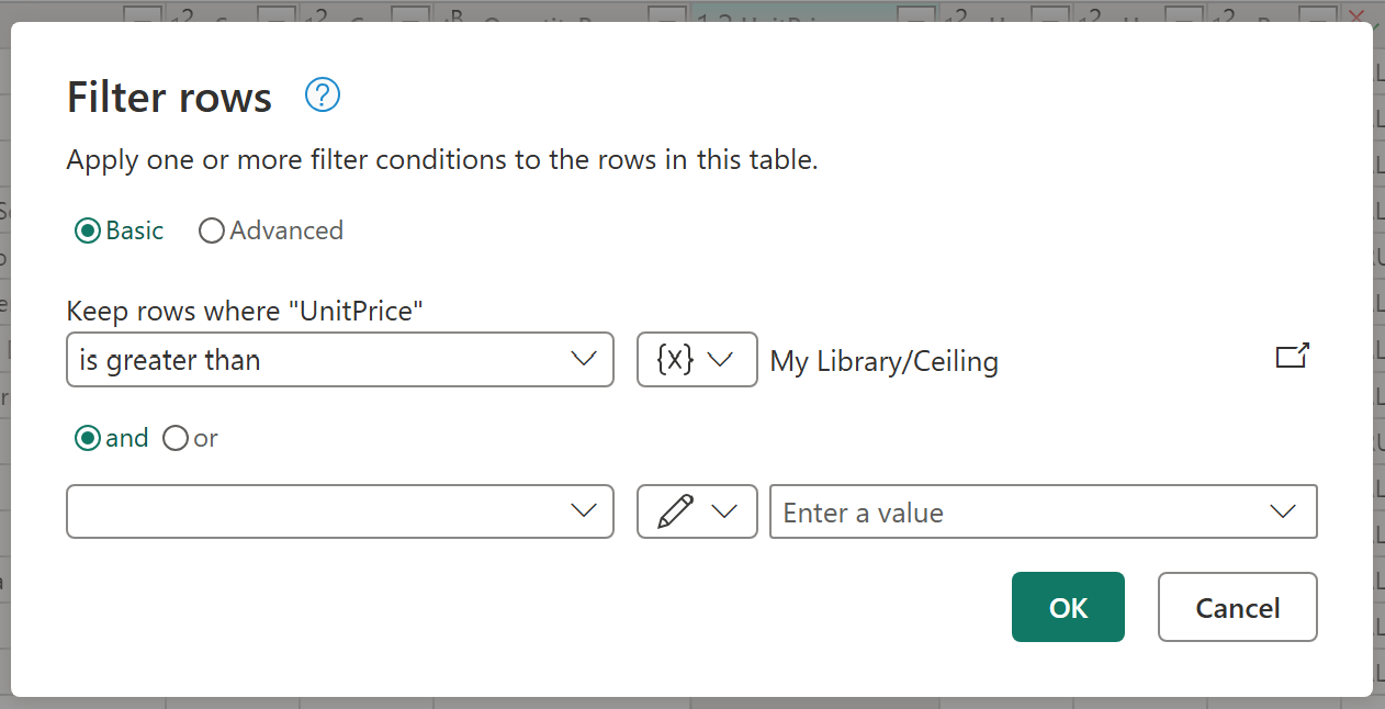 Screenshot di una variabile con il nome Ceiling dalla libreria La mia libreria mostrata come selezionata nella finestra di dialogo Filtra righe.