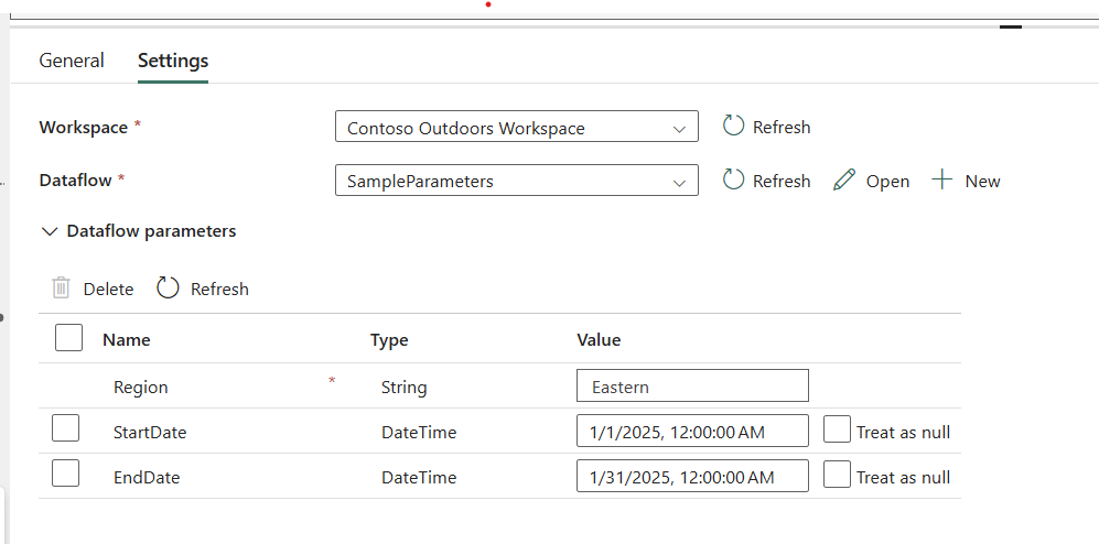 Screenshot dell'attività del flusso di dati nelle pipeline di Fabric che consente il passaggio di parametri per l'esecuzione di un flusso di dati.